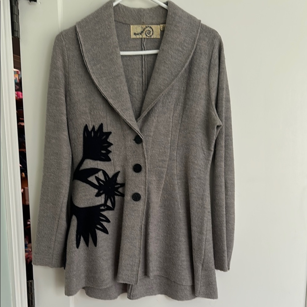 Anthropologie Gray Button-Up Blazer/Cardigan wool Black Floral Design